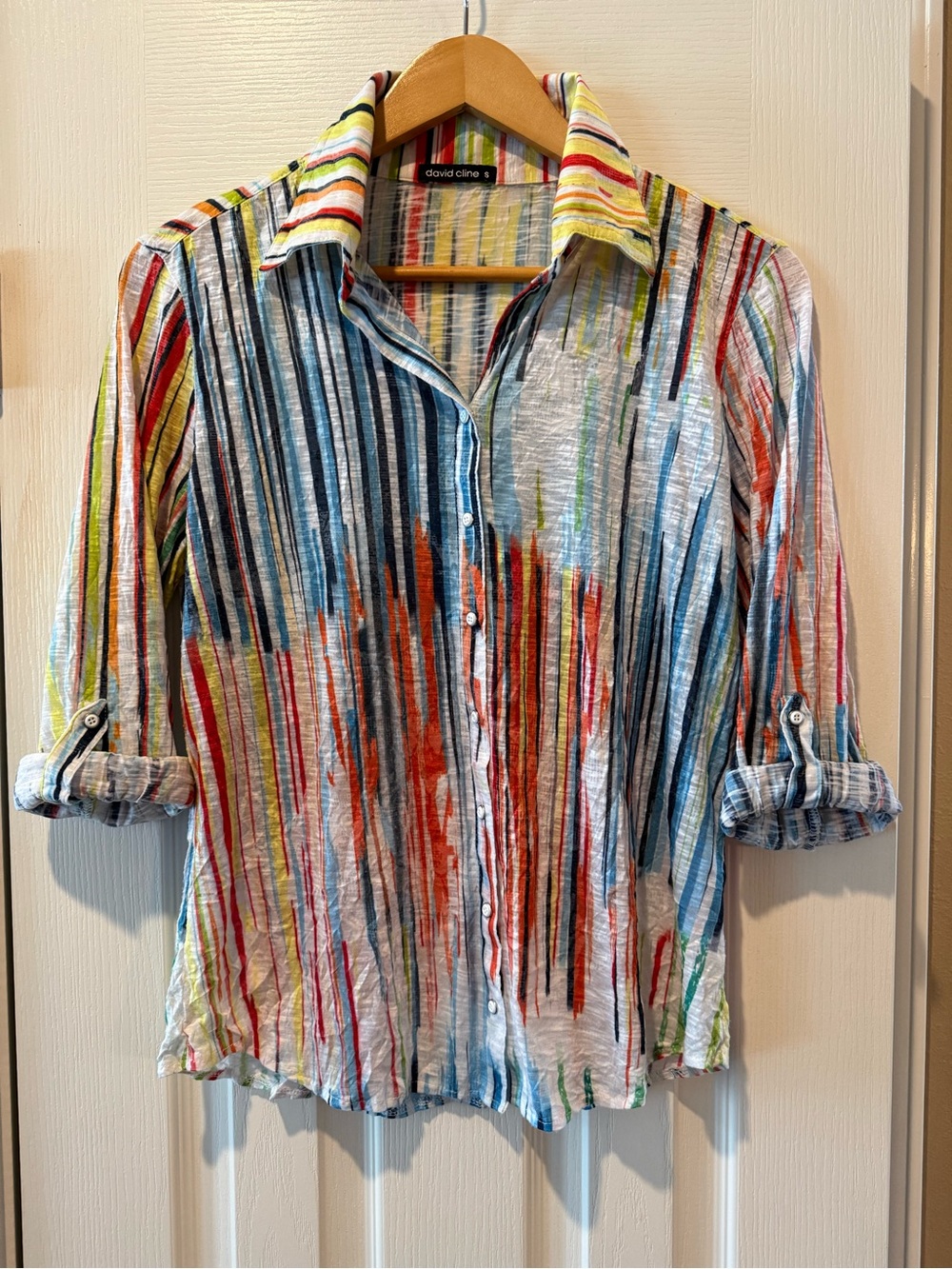 David Cline Multicolor Striped Snap Collared Top Blouse - Crushed Tee Shirt